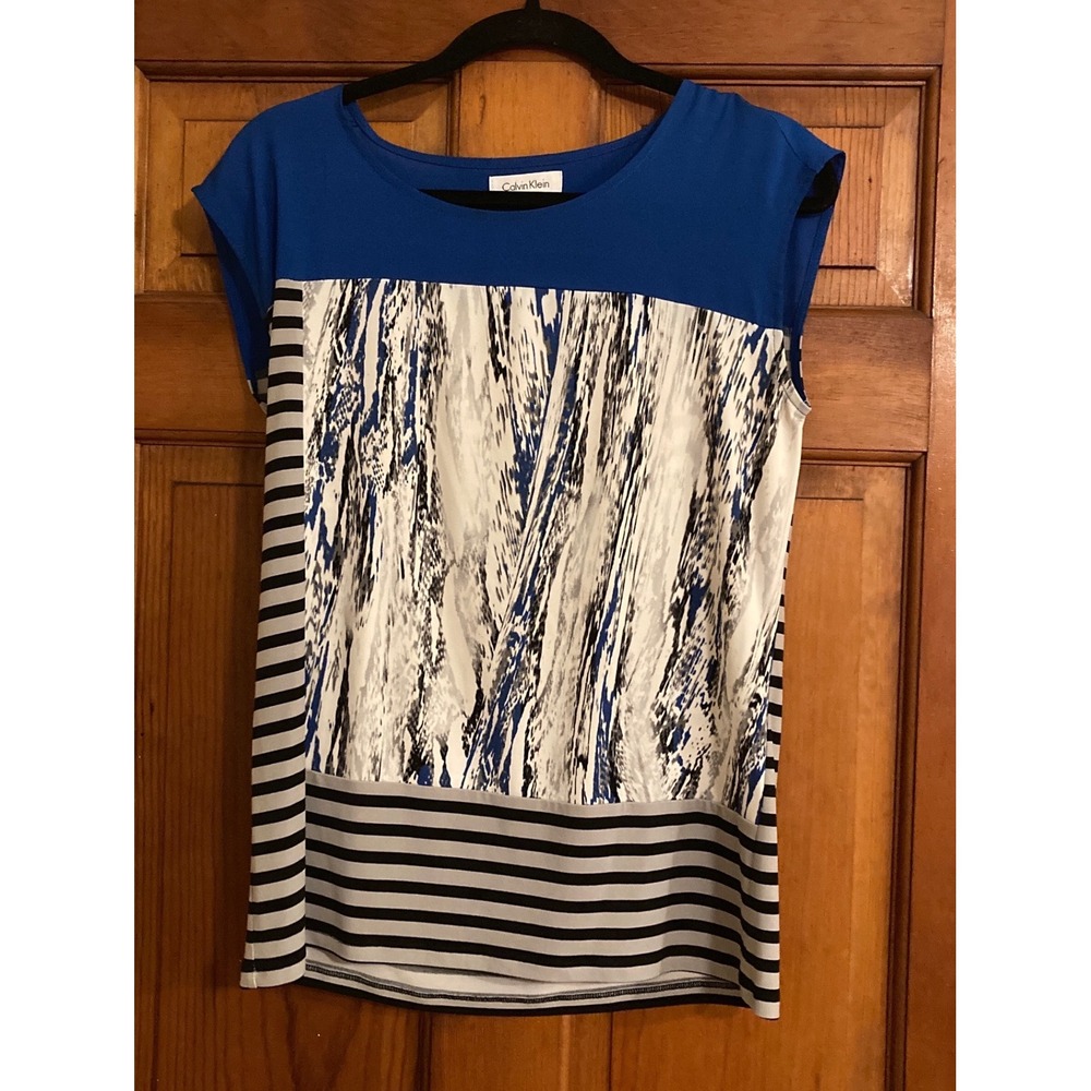 Calvin Klein Womens M Blue Striped Abstract Mixed Media Sleeveless Shell Top EUC